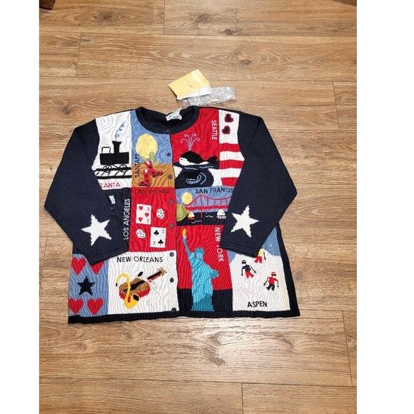 NEW VTG Quacker Factory Travel Sweater USA Patriotic 1X Blue Red Button Covers - Picture 11 of 11